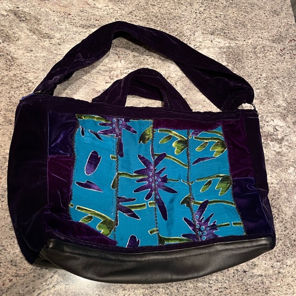 NEW BLUE PURPLE Two-sided Velvet Bag, Tote, Patchwork, Burnout, Shoulder, Boho - Picture 7 of 12